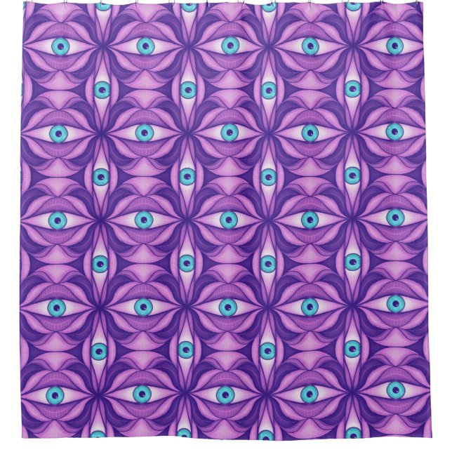 Maximalist Abstract Botanical Eye Pattern Purple Shower Curtain (Front)