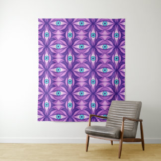 Maximalist Abstract Botanical Eye Pattern Purple Tapestry