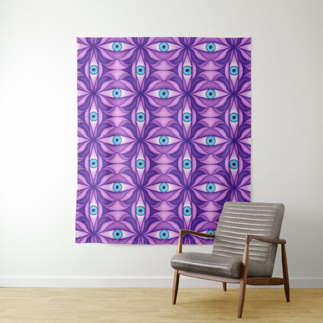 Maximalist Abstract Botanical Eye Pattern Purple Tapestry (In Situ)