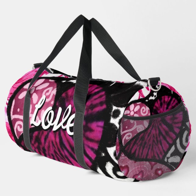Maximalist Abstract Heart Statement Style Pink Duffle Bag (Right Corner)