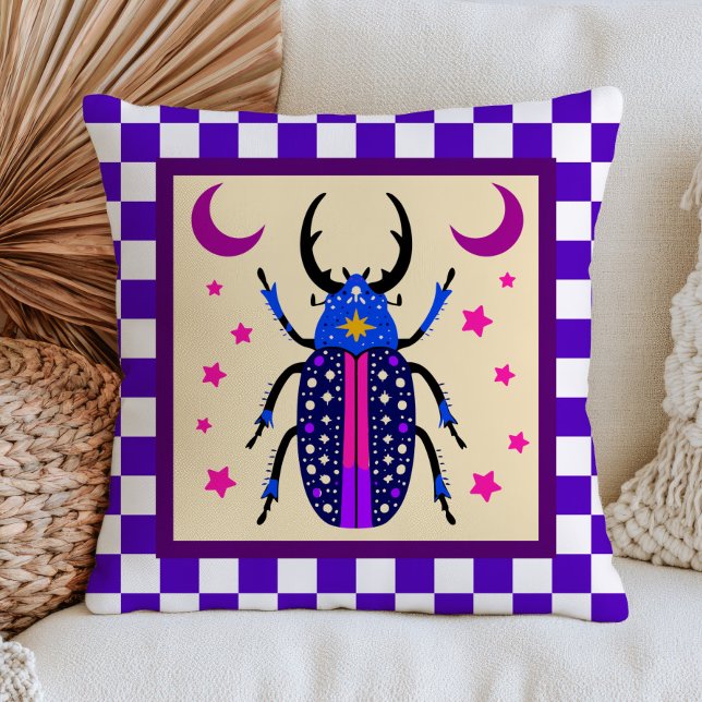 Maximalist Beetle Insect Design Checkered Pattern  Throw Pillow (Creator Uploaded)