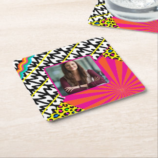 Maximalist Birthday Photo Patterns Colorful Square Paper Coaster