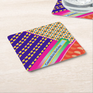 Maximalist Birthday Repeating Patterns Colorful  Square Paper Coaster