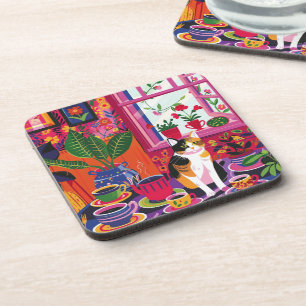 Maximalist Calico Cat and Tea Room Beverage Coaster