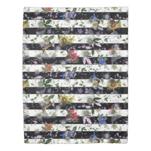 Maximalist Colorful Flowers Black White Stripe Duvet Cover