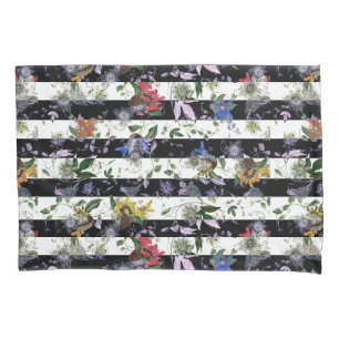 Maximalist Colorful Flowers Black White Stripe Pillow Case
