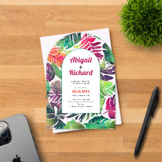 Maximalist colorful tropical leaves arch wedding acrylic invitations
