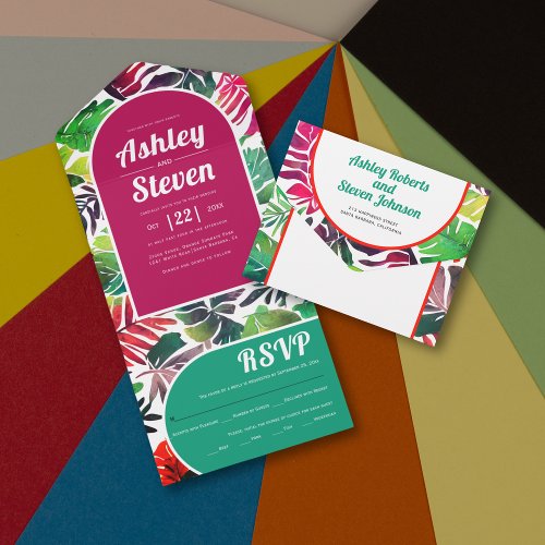 Maximalist colorful tropical leaves arch wedding all in one invitation