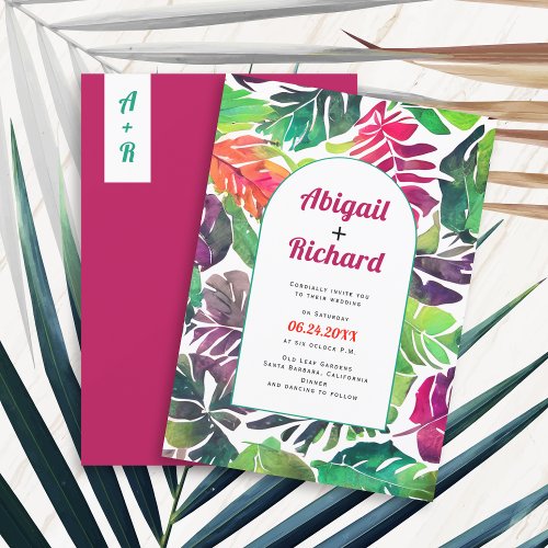 Maximalist colorful tropical leaves arch wedding invitation
