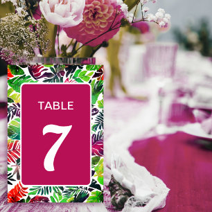 Maximalist colorful tropical leaves arch wedding table number
