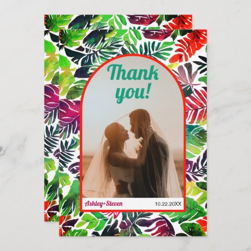 Maximalist colorful tropical leaves arch wedding thank you card