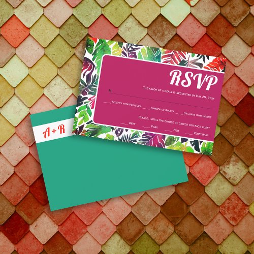 Maximalist colorful tropical leaves frame wedding RSVP card