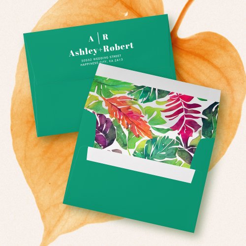 Maximalist colorful tropical leaves green wedding envelope