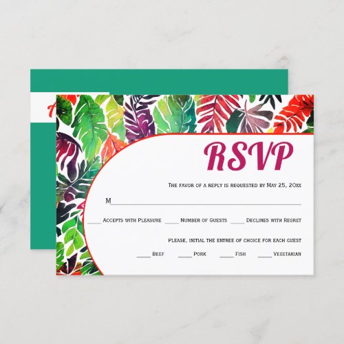 Maximalist colorful tropical leaves green wedding RSVP card