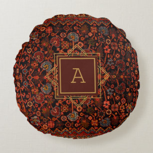 Maximalist Decor Monogrammed Vintage Rug Pattern Round Pillow