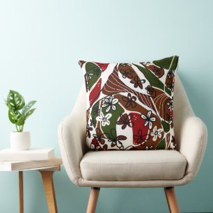 Maximalist Floral Neuro Art - Brown White Throw Pillow