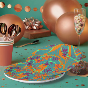 Maximalist Floral Neuro Art - Teal Orange Magenta Paper Plates