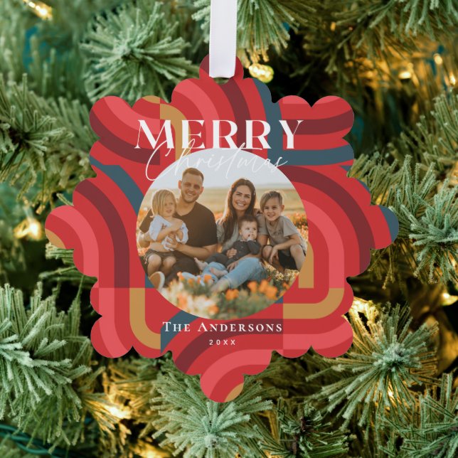 Maximalist Geometric Red Christmas Photo Ornament Card (Insitu (Tree))