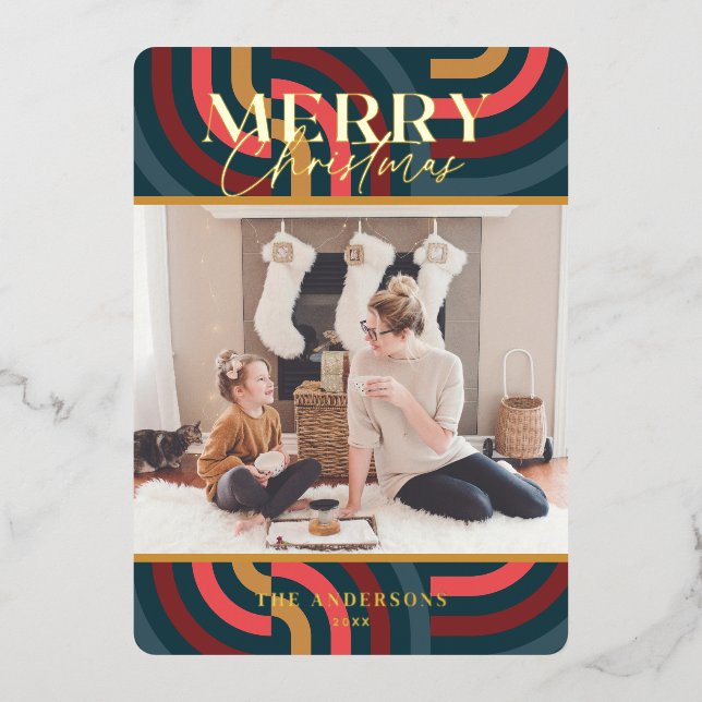 Maximalist Geometric Teal Christmas Photo Foil Invitation (Front)