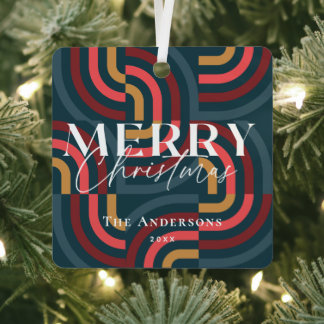 Maximalist Geometric Teal Christmas Photo Metal Ornament
