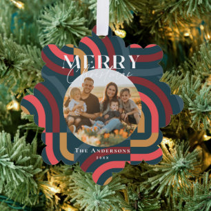 Maximalist Geometric Teal Christmas Photo Ornament Card