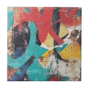 Maximalist Graffiti with Red Yellow Blue Splashes Ceramic Tile