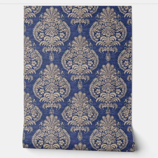 Maximalist Jewel & Feather Blue Gray Olive Wallpaper (Unrolling)