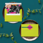 Maximalist Modern Marbled Floral Neon Wedding Envelope<br><div class="desc">Neon yellow envelope with floral marbled modern art pattern inside.  Back top flat features pink diamond shape with neon text over blue bar.</div>