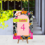 Maximalist Modern Marbled Floral Wedding Table Number<br><div class="desc">Light pink arch shape over pink orange and peach modern floral with dark marbleized design. "table" text in hot pink over neon yellow bar. Number is hot pink.</div>