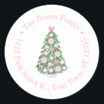 Maximalist Pink Green Christmas Return Address Classic Round Sticker<br><div class="desc">This flexible sticker design features a Christmas tree ornately decorated in pink and white, with circular text border. Shown here for a return address label but all of the text fields are flexible to your needs eg could be a thank you favor sticker. All watercolor elements originally handpainted by me...</div>