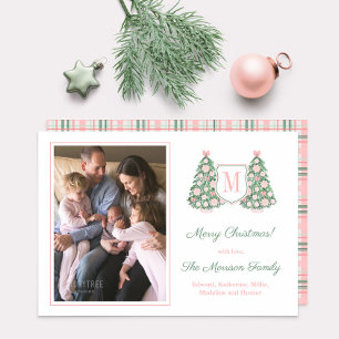 Maximalist Pink Green Monogram Christmas Photo Holiday Card