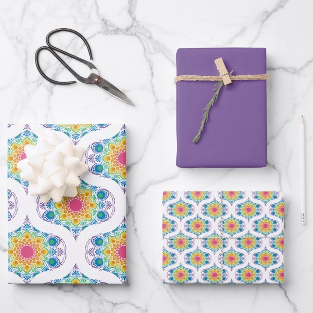 Maximalist Rainbow Floral Fountain 70s Ogee Wrapping Paper Sheets (Front)