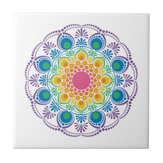 Maximalist Rainbow Floral Fountain Dot Mandala Ceramic Tile (Front)