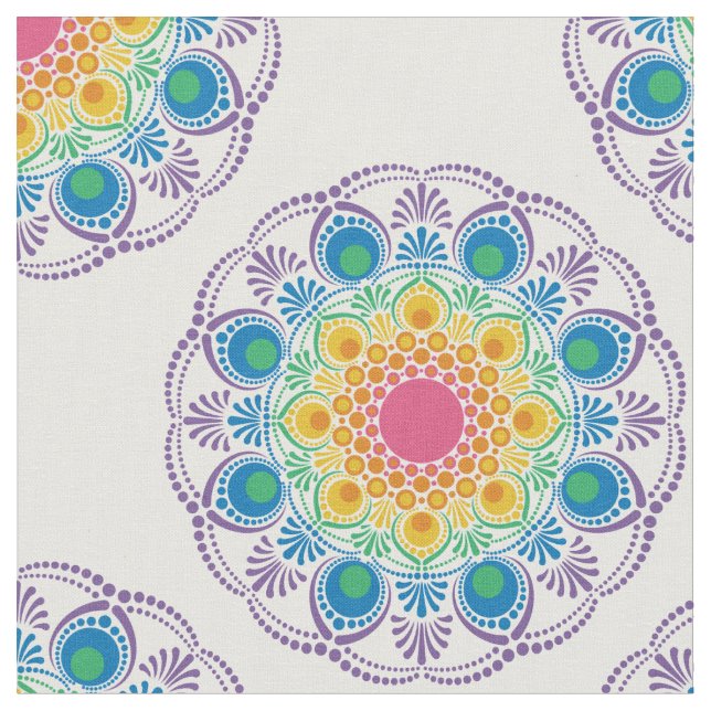 Maximalist Rainbow Floral Fountain Polka Dot Fabric (Close Up)