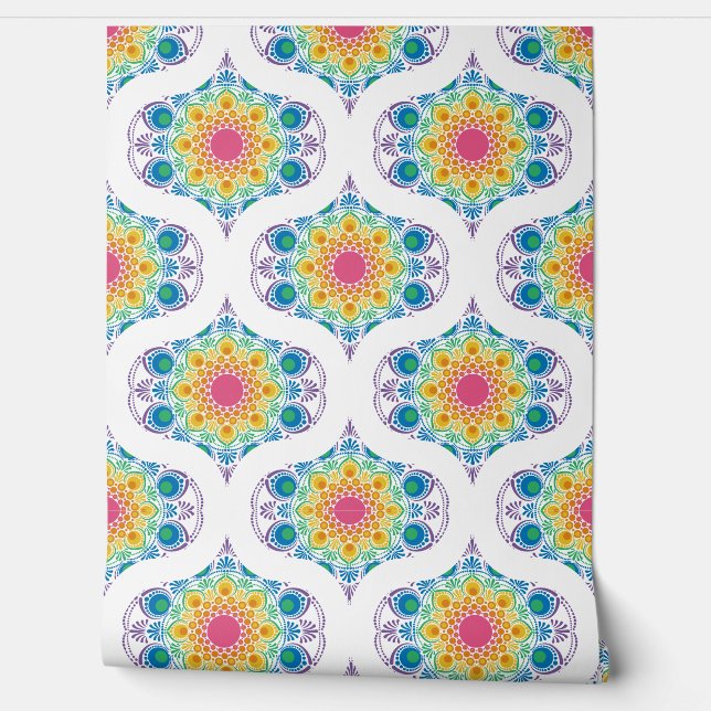 Maximalist Rainbow Floral Fountain Retro Ogee Wallpaper (Unrolling)