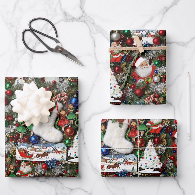 Maximalist Retro Christmas Collage Wrapping Paper Sheets (Front)