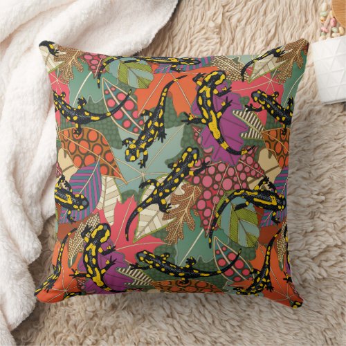 maximalist salamander forest throw pillow