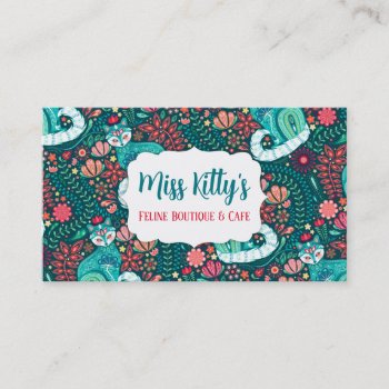Maximalist Teal Cat On Folksy Floral Business Card by creativetaylor at Zazzle