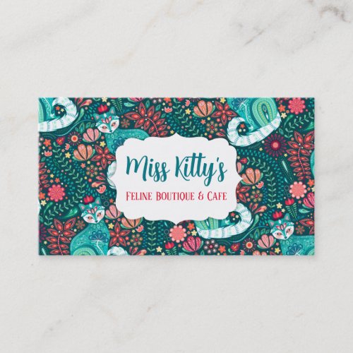 Maximalist Teal Cat on Folksy Floral Business Card