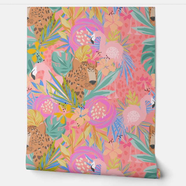 Maximalist Tropical Hot Pink Cheetah Flamingo Wallpaper (Unrolling)