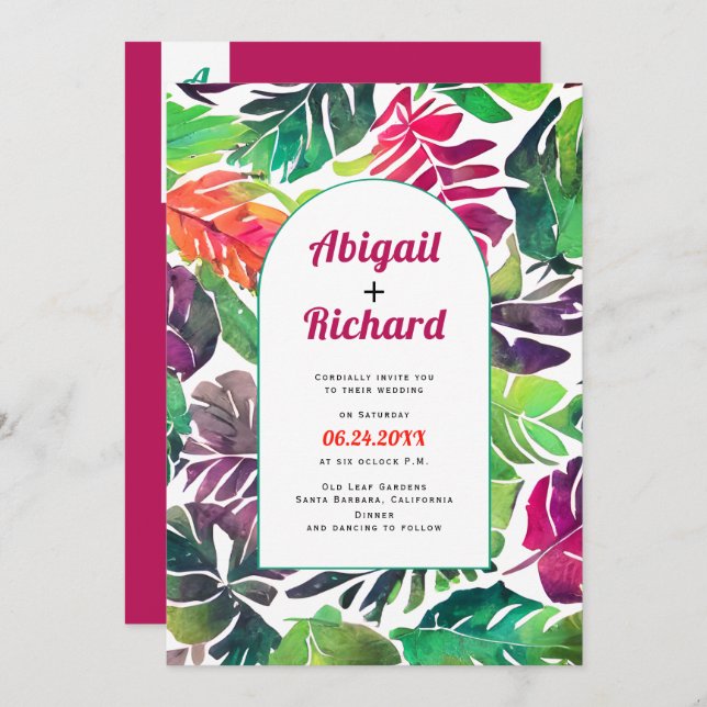 Maximalist tropical leaves arch QR code wedding Invitation (Front/Back)
