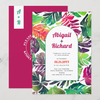 Maximalist tropical leaves arch QR code wedding Invitation