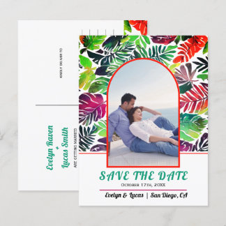 Maximalist tropical leaves arch Save the Date Postcard