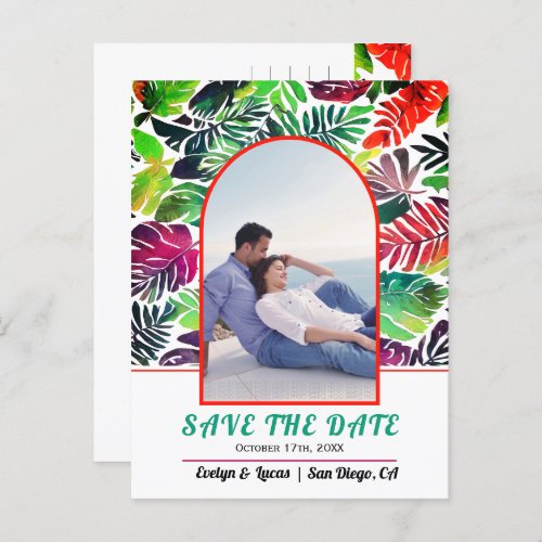 Maximalist tropical leaves arch Save the Date Postcard