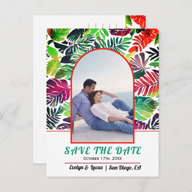 Maximalist tropical leaves arch Save the Date Postcard (Front/Back)