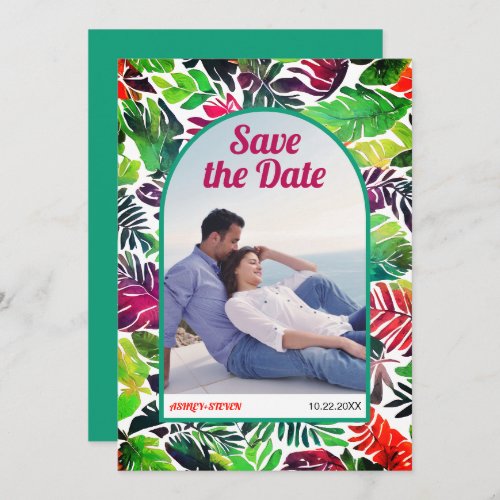 Maximalist tropical leaves boho arch Save the Date