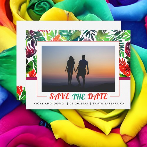 Maximalist tropical leaves frame Save the Date Postcard