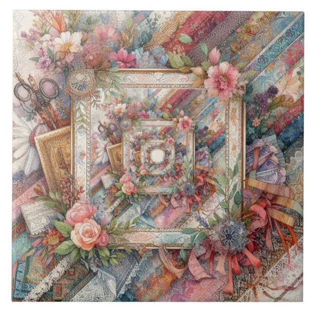 Maximalist Vintage Decoupage Ceramic Tile (Front)