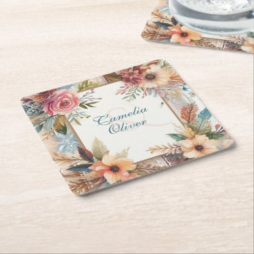 Maximalist Wedding Vintage Floral Decor Square Paper Coaster