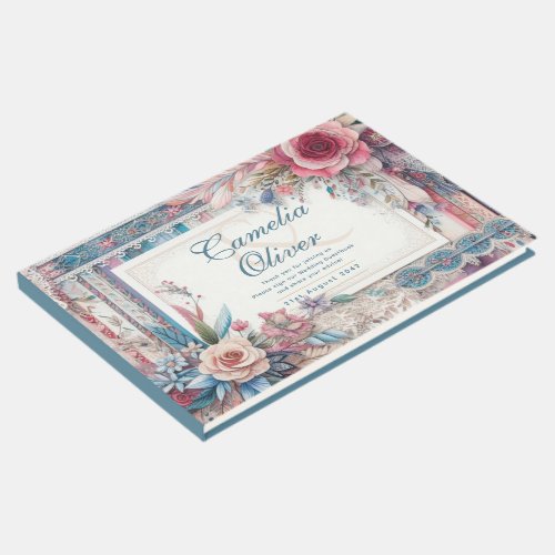 Maximalist Wedding Vintage Floral Teal Guest Book
